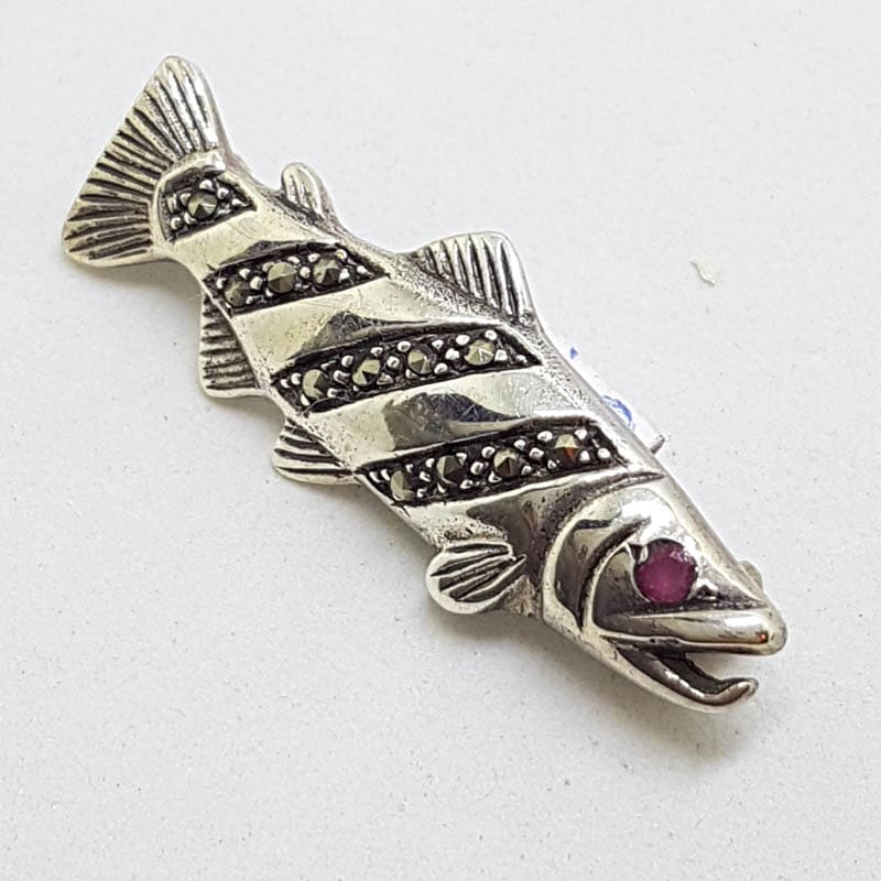 Sterling Silver Marcasite & Ruby Fish Brooch
