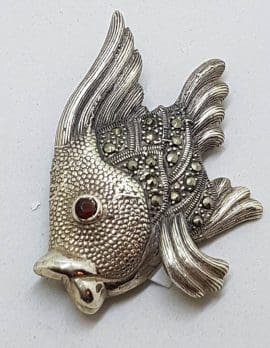 Sterling Silver Marcasite & Garnet Large Fish Brooch