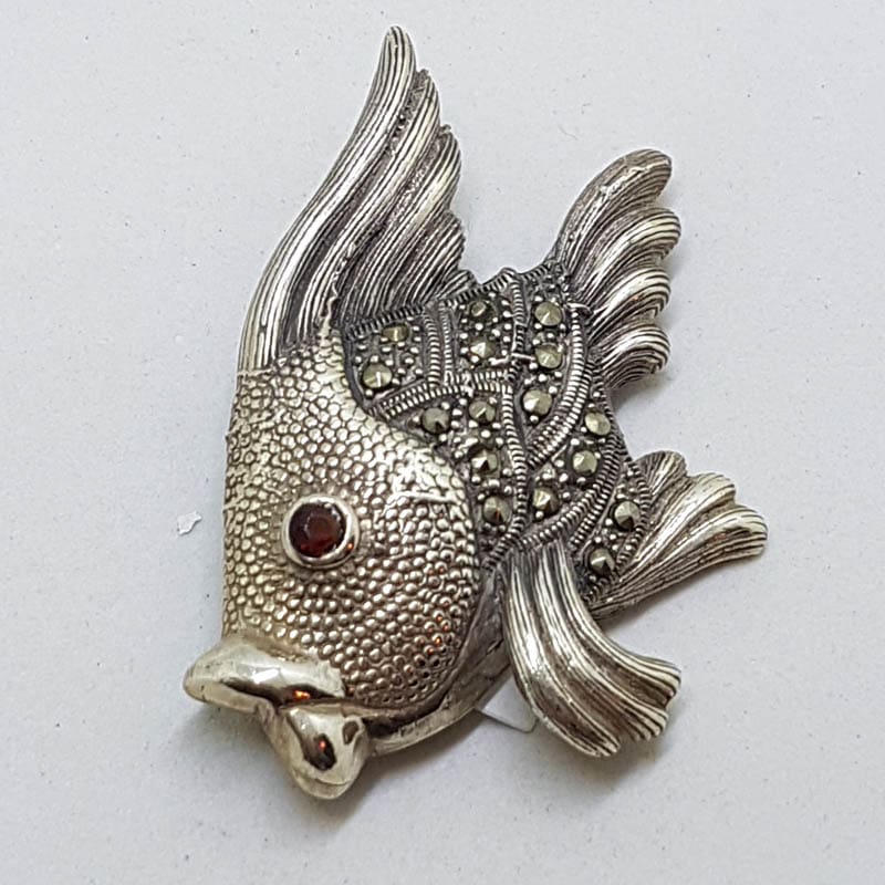 Sterling Silver Marcasite & Garnet Large Fish Brooch