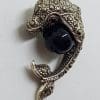 Sterling Silver Marcasite & Black Dolphin Brooch