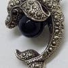 Sterling Silver Marcasite & Black Dolphin Brooch