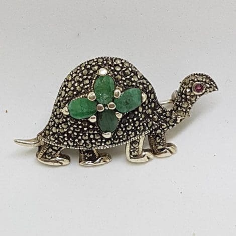 Sterling Silver Emerald and Marcasite Turtle Brooch