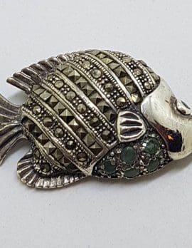 Sterling Silver Marcasite & Emerald Fish Brooch