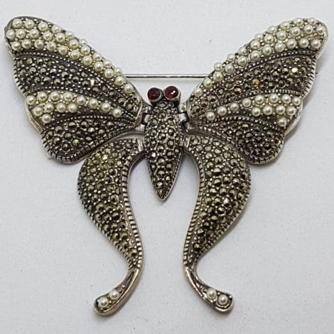 Sterling Silver Marcasite Large Flexible Butterfly Brooch
