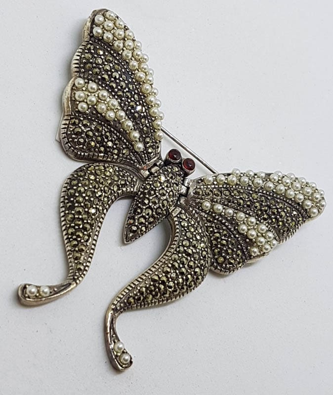 Sterling Silver Marcasite Large Flexible Butterfly Brooch
