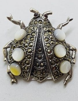 Sterling Silver Marcasite Mother of Pearl Large Ladybird / Ladybug Brooch