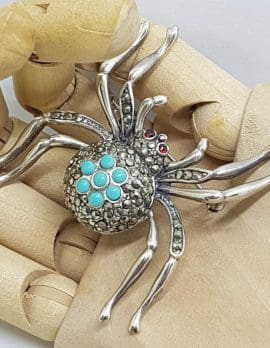 Sterling Silver Marcasite and Blue Large Spider Brooch