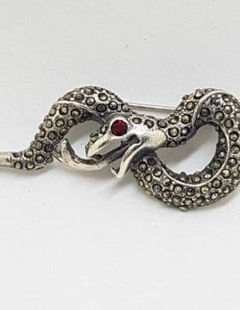Sterling Silver Marcasite Snake with Red Eye Brooch