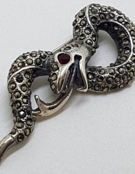 Sterling Silver Marcasite Snake with Red Eye Brooch