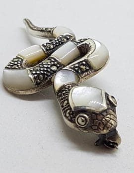 Sterling Silver Marcasite & Mother of Pearl Snake Brooch