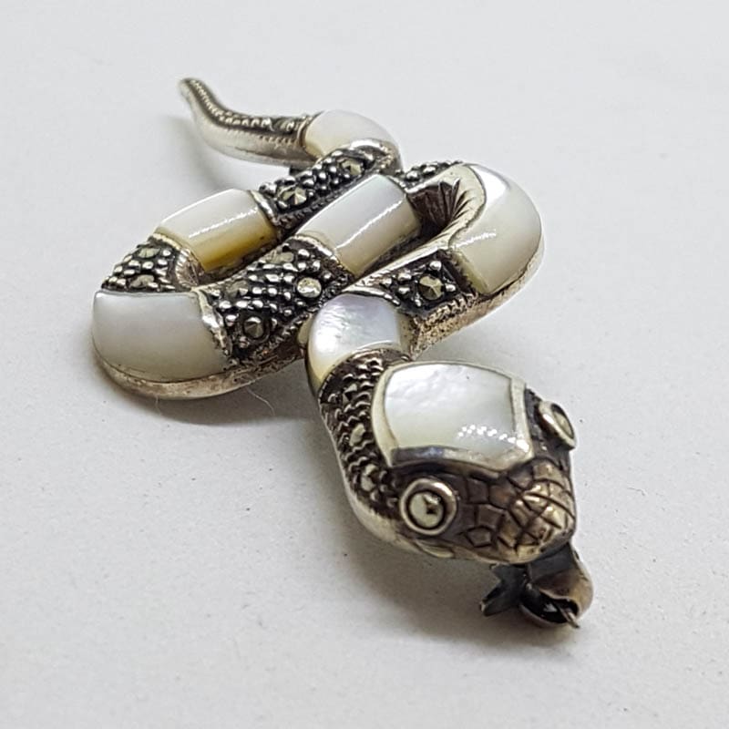 20210720_232708 Sterling Silver Marcasite & Mother of Pearl Snake Brooch