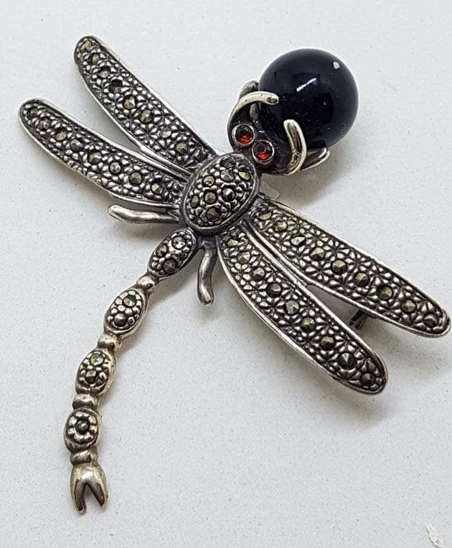 Sterling Silver Marcasite with Black Large Dragonfly Brooch