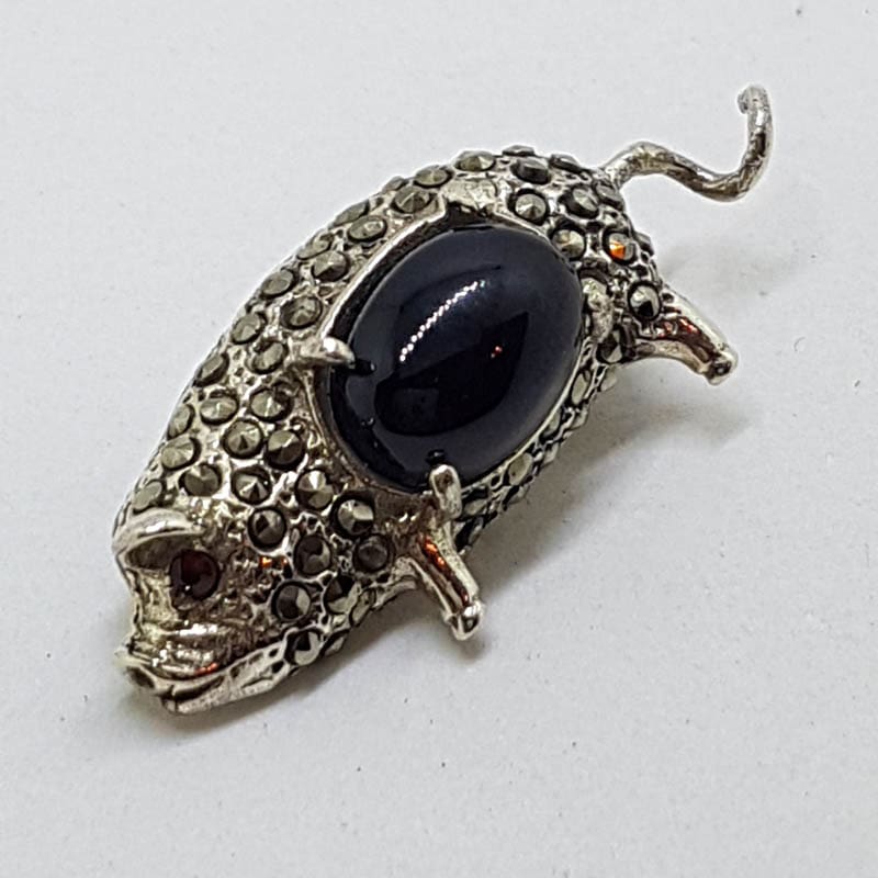 20210721_125616 Sterling Silver Marcasite with Onyx Pig Brooch