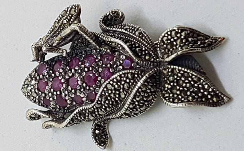 Sterling Silver Marcasite and Ruby Grasshopper / Cricket on Corn Cob Brooch - Large