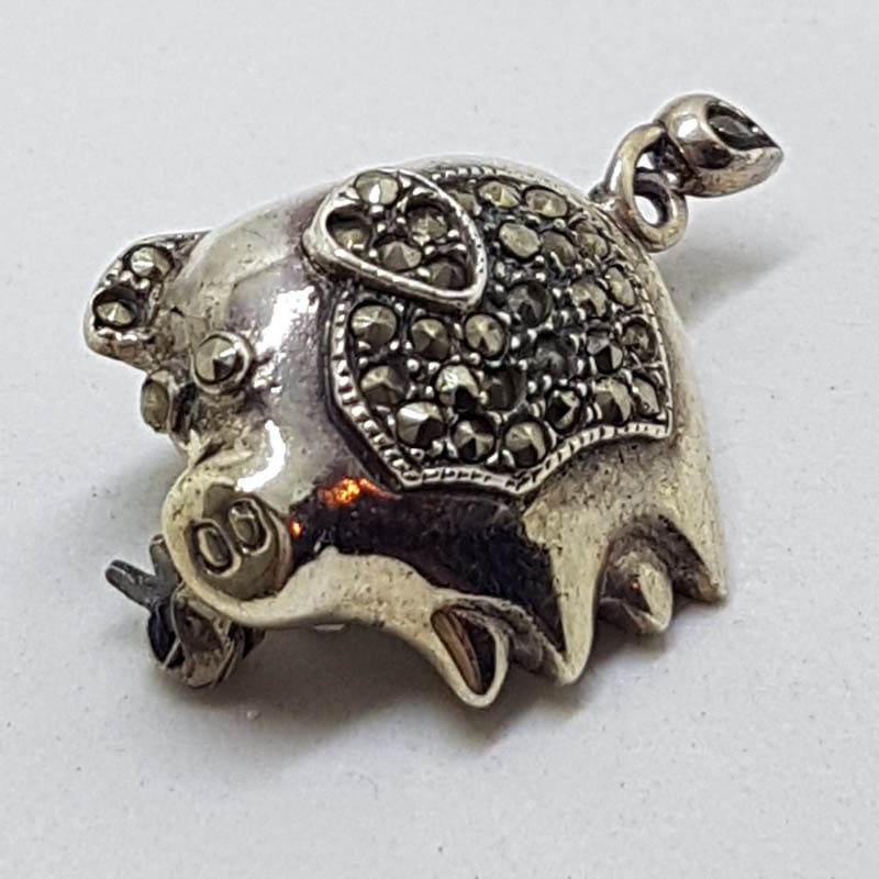 Sterling Silver Marcasite Pig Brooch