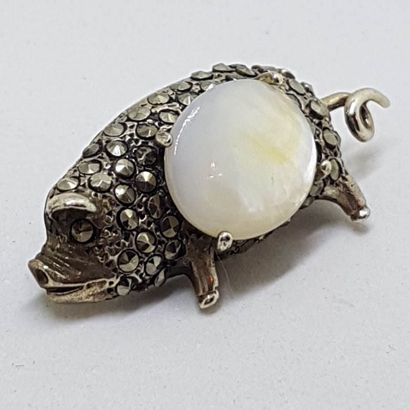 Sterling Silver Marcasite with Mother of Pearl Pig Brooch