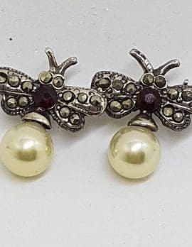 Sterling Silver Marcasite Double Bee / Butterfly Brooch with Red