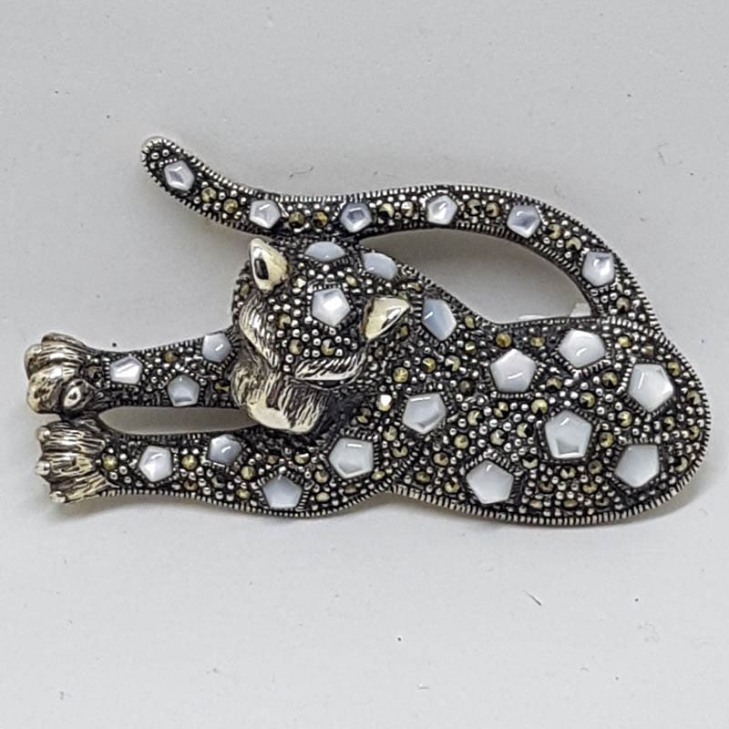 Sterling Silver Marcasite & Mother of Pearl Big Cat Brooch - Leopard / Puma / Jaguar - Very Large