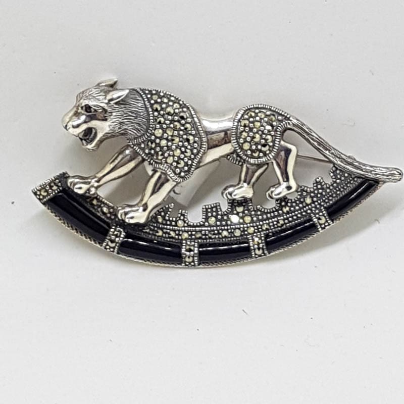 20210721_130404 Sterling Silver Marcasite & Black Onyx Big Cat Brooch – Puma / Jaguar