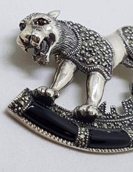 Sterling Silver Marcasite & Black Onyx Big Cat Brooch – Puma / Jaguar