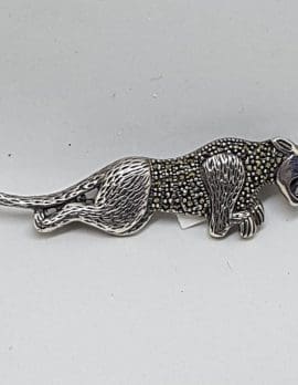 Sterling Silver Marcasite Big Cat Brooch - Puma / Jaguar - Long