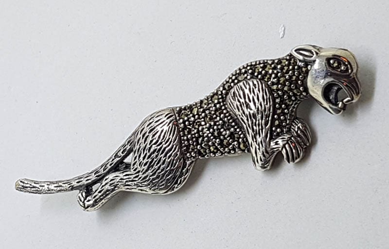 Sterling Silver Marcasite Big Cat Brooch - Puma / Jaguar - Long