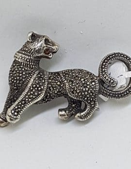 Sterling Silver Marcasite Cat Brooch with Garnet - Puma / Jaguar
