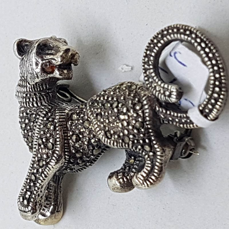Sterling Silver Marcasite Cat Brooch with Garnet - Puma / Jaguar