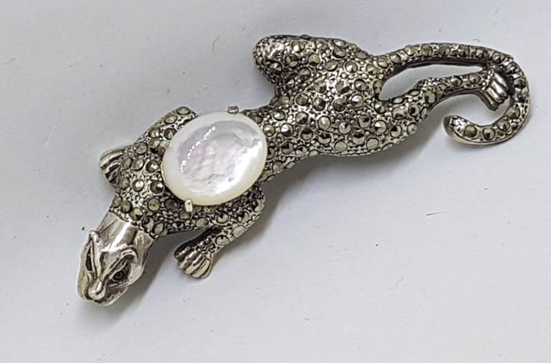 20210721_130900 Sterling Silver Marcasite, Garnet & Mother of Pearl Big Cat Brooch - Puma / Jaguar - Large