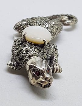 Sterling Silver Marcasite, Garnet & Mother of Pearl Big Cat Brooch - Puma / Jaguar - Large