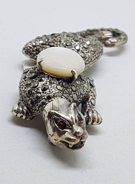 Sterling Silver Marcasite, Garnet & Mother of Pearl Big Cat Brooch - Puma / Jaguar - Large
