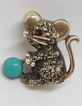 Sterling Silver Marcasite Mouse with Blue Brooch