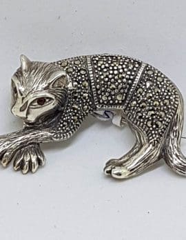 Sterling Silver Marcasite Big Cat Brooch with Garnet Eye - Puma / Jaguar