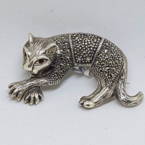 Sterling Silver Marcasite Big Cat Brooch with Garnet Eye - Puma / Jaguar