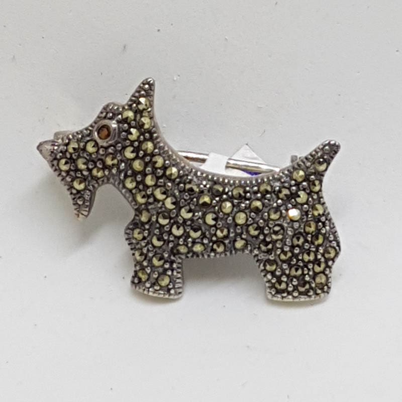 Sterling Silver Marcasite with a Garnet Eye Scottish Terrier / Dog Brooch - Scottie Dog