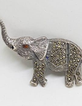 Sterling Silver Marcasite & Garnet Large Elephant Brooch