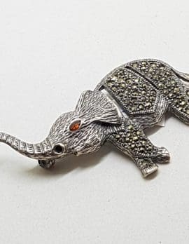 Sterling Silver Marcasite & Garnet Large Elephant Brooch