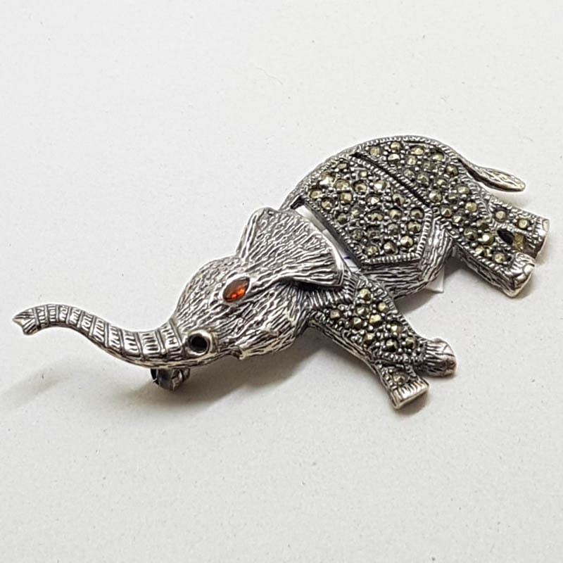20210721_131239 Sterling Silver Marcasite & Garnet Large Elephant Brooch