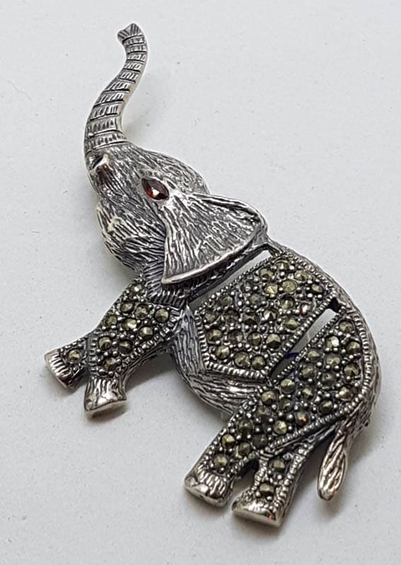 20210721_131311 Sterling Silver Marcasite & Garnet Large Elephant Brooch