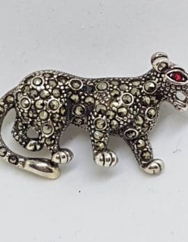 Sterling Silver Marcasite Cat Brooch with Garnet Eye - Leopard / Puma / Jaguar