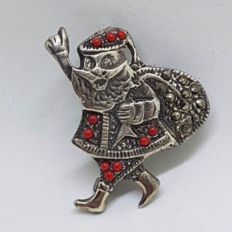 Sterling Silver Marcasite with Red Santa Claus Brooch / Pendant - Father Christmas