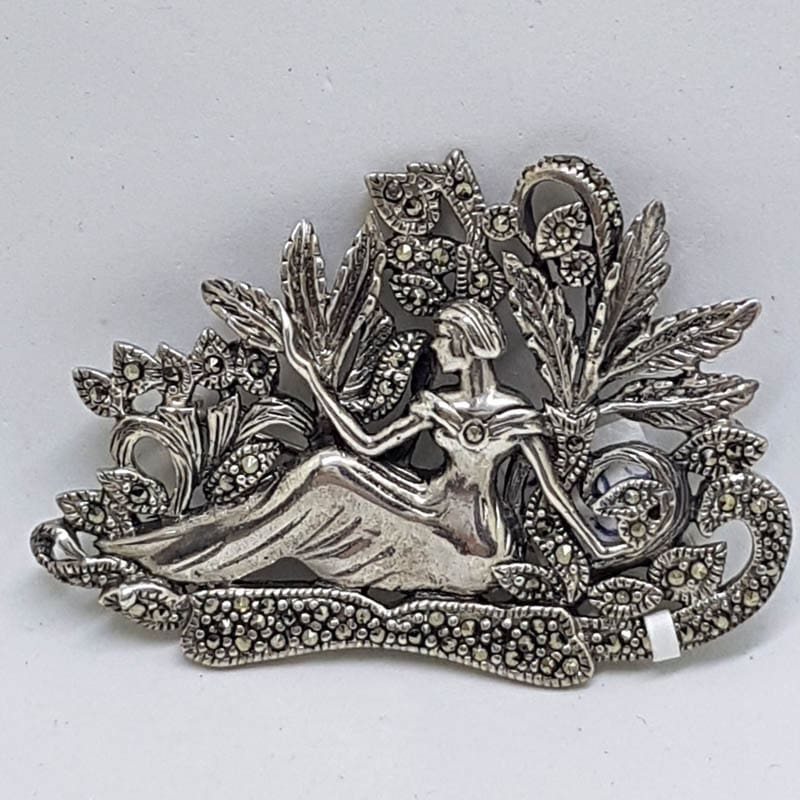20210721_132418 Sterling Silver and Marcasite Brooch - Ornate Nouveau Style - Lady Sitting