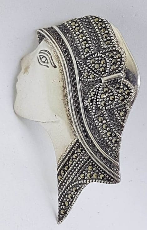 Sterling Silver Marcasite Large Ladies Head / Face Brooch