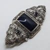 Sterling Silver Marcasite and Onyx Ornate / Filigree Large Brooch