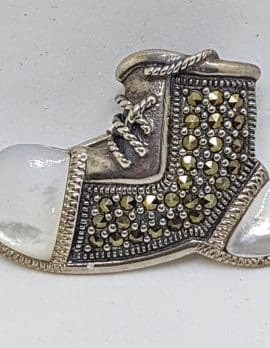 Sterling Silver Marcasite with Mother of Pearl Boot / Shoe Brooch