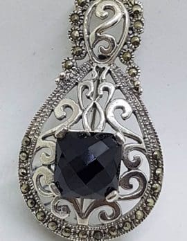 Sterling Silver Large Marcasite and Onyx Ornate / Filigree Brooch