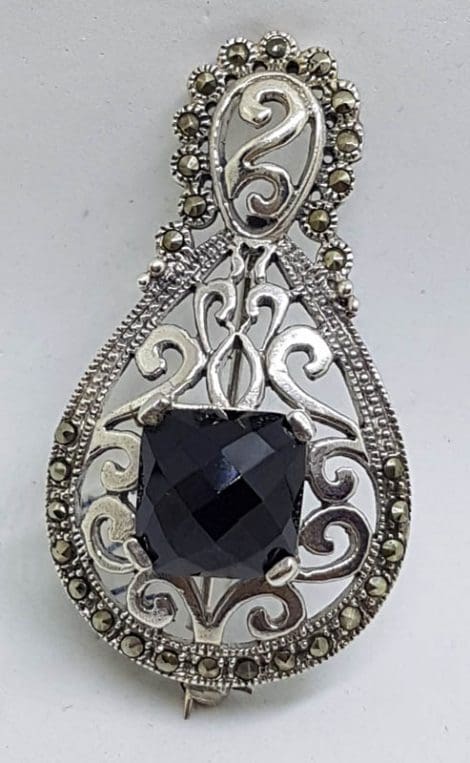 Sterling Silver Large Marcasite and Onyx Ornate / Filigree Brooch
