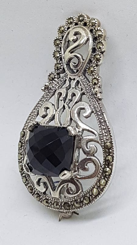 Sterling Silver Large Marcasite and Onyx Ornate / Filigree Brooch