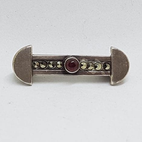Sterling Silver Marcasite and Carnelian Bar Brooch
