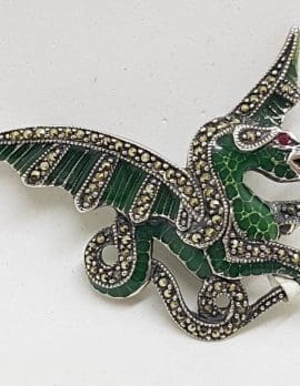 Sterling Silver Marcasite and Green Enamel Dragon Brooch